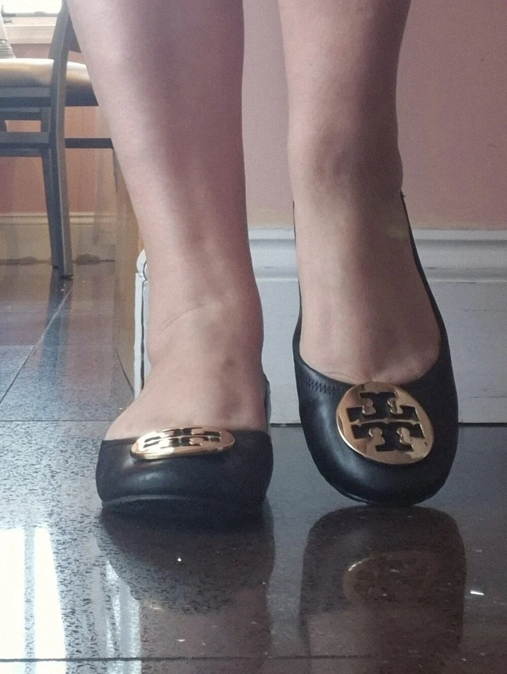 Tory Burch Black Leather Ballet Flats with Gold Logo Medallion